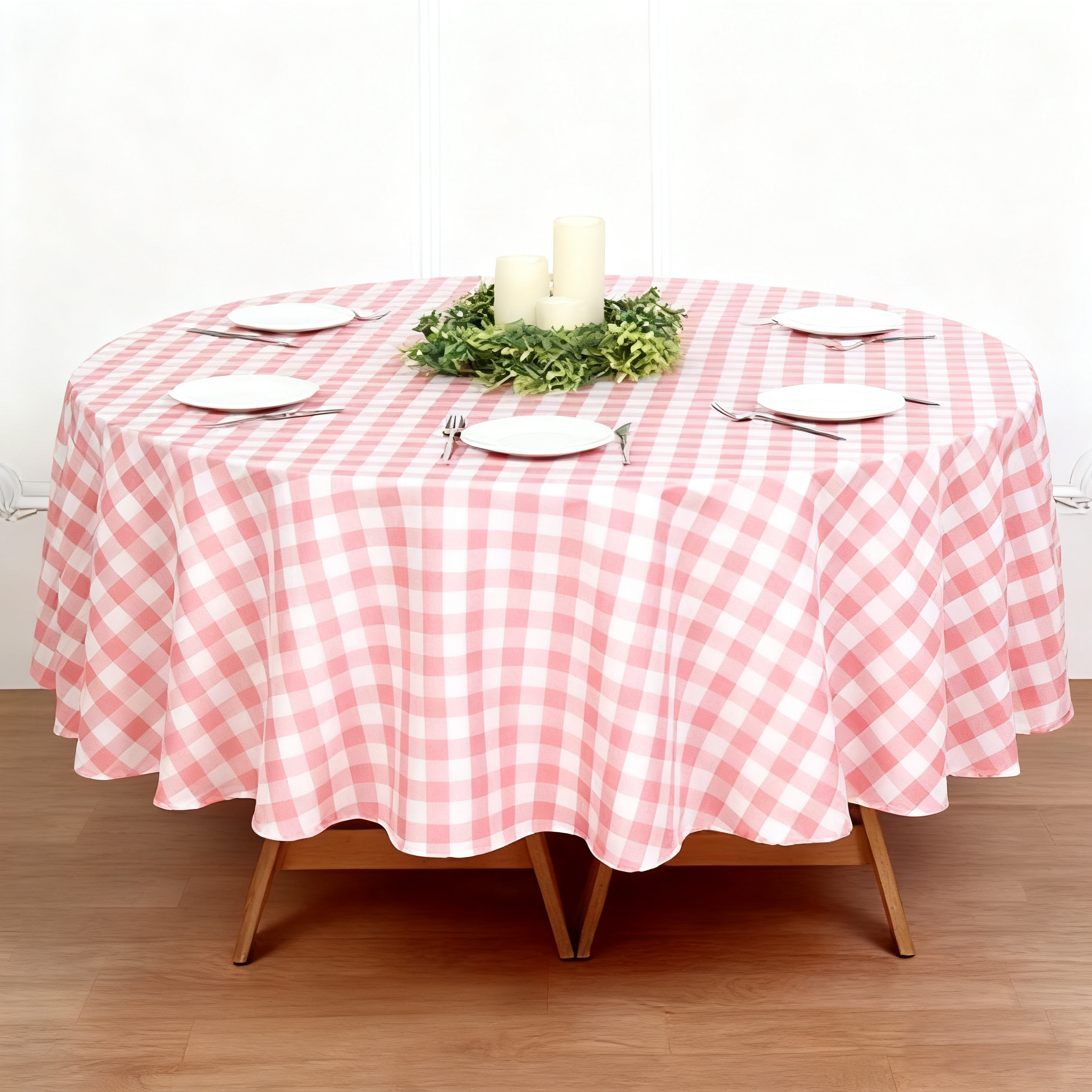 Buffalo Plaid Polyester Round Tablecloth White/Rose