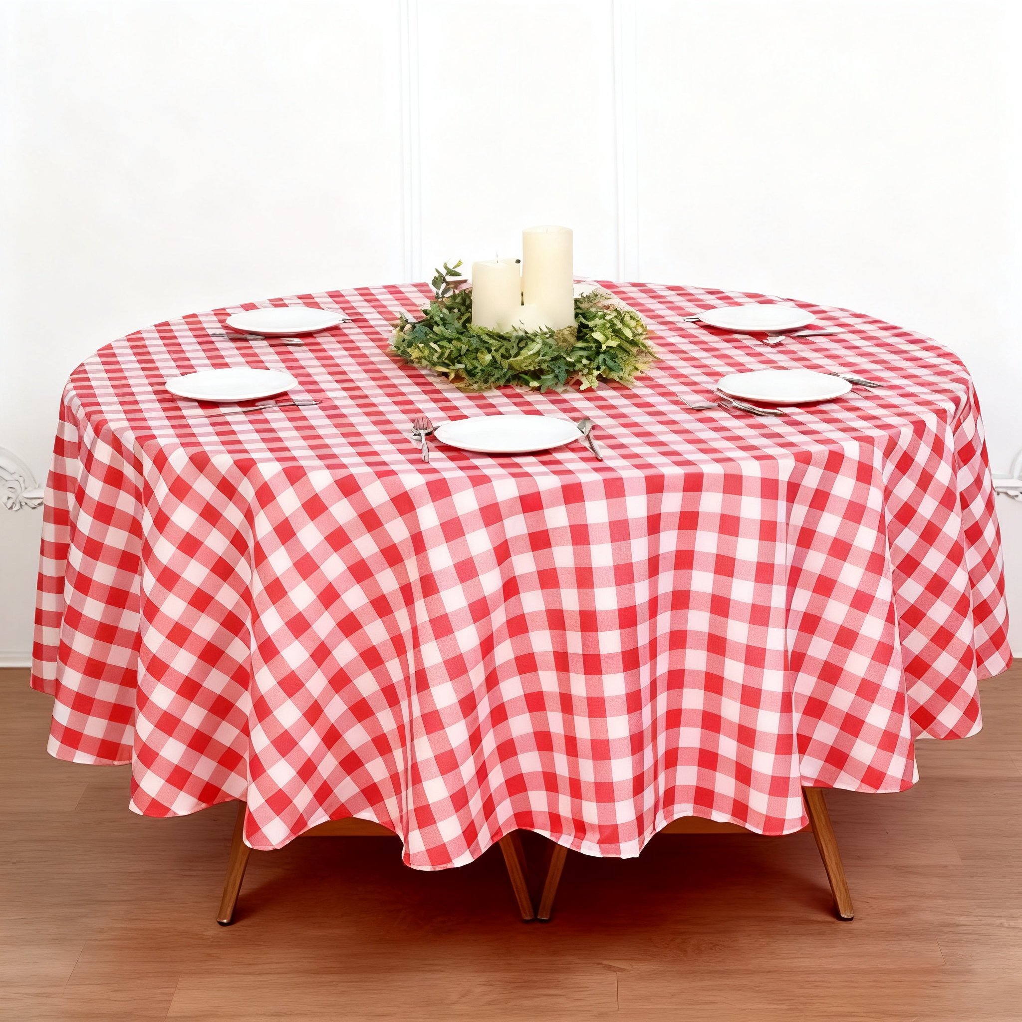 Buffalo Plaid Polyester Round Tablecloth White/Watermelon Red
