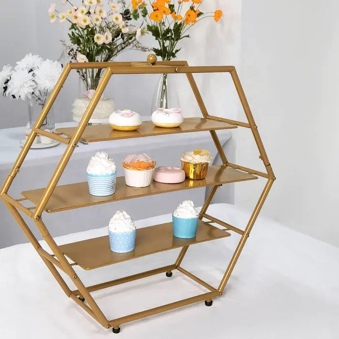 3-Tier Metal Hexagon Cupcake Stand 21" Matte Gold