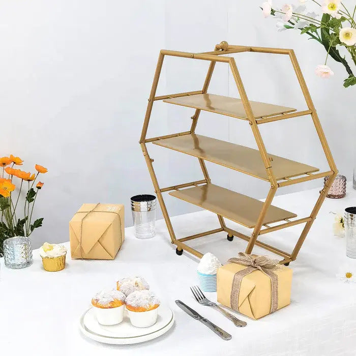 3-Tier Metal Hexagon Cupcake Stand 21" Matte Gold