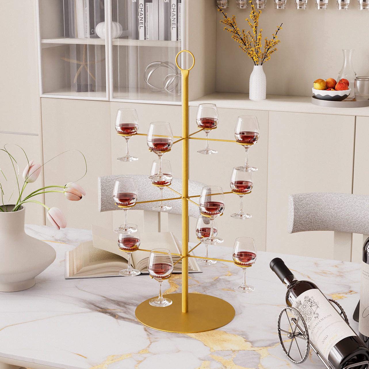 3-Tier Champagne Glass Holder Tower 22" Gold