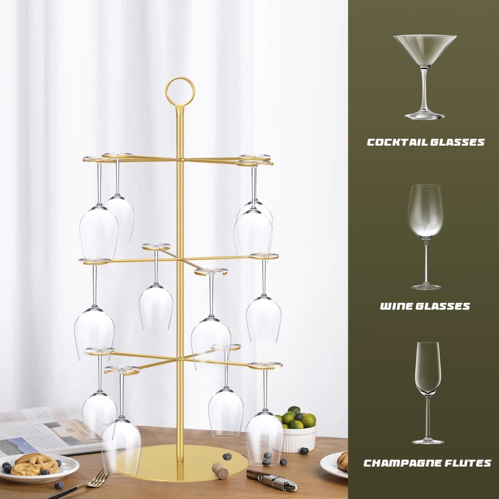 3-Tier Champagne Glass Holder Tower 22" Gold