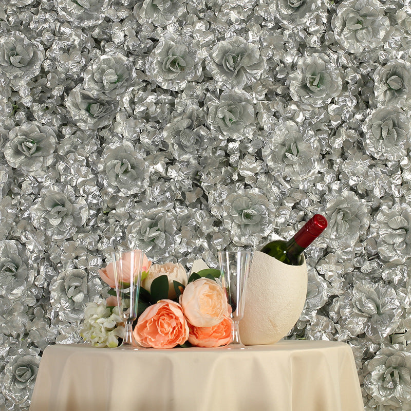 Silver 3D Silk Rose and Hydrangea Flower Wall Mat Backdrop - 4 Artificial Panels
