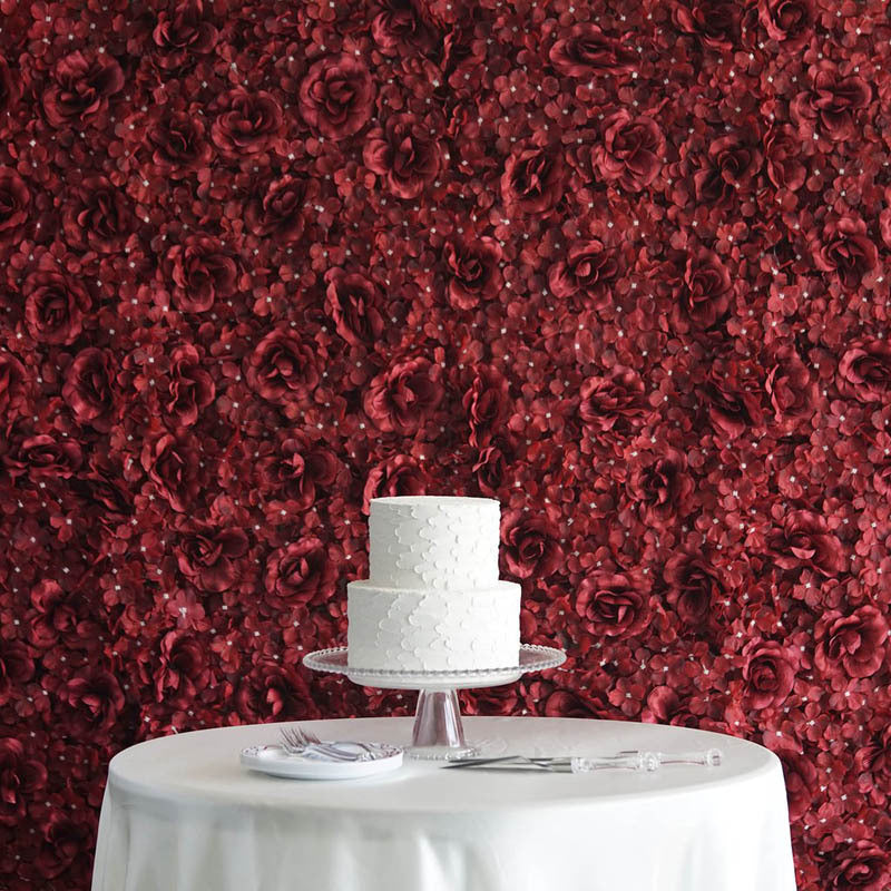 Burgundy 3D Silk Rose and Hydrangea Flower Wall Mat Backdrop - 4 Artificial Panels