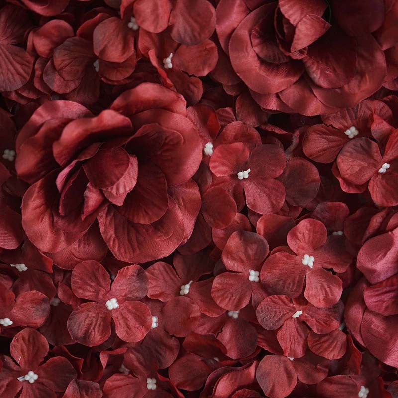 Burgundy 3D Silk Rose and Hydrangea Flower Wall Mat Backdrop - 4 Artificial Panels