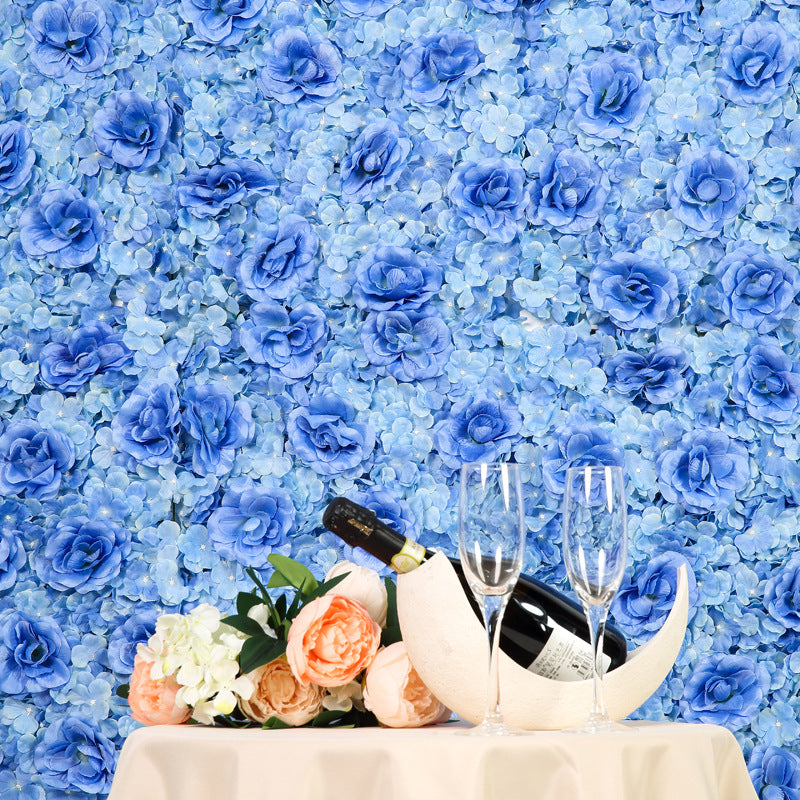 Blue 3D Silk Rose and Hydrangea Flower Wall Mat Backdrop - 4 Artificial Panels