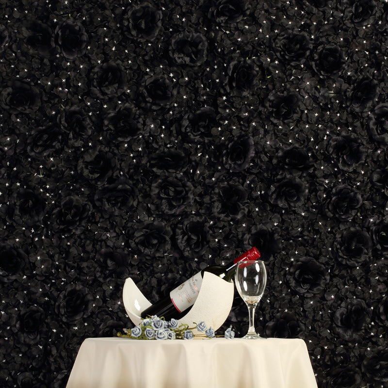 Black 3D Silk Rose and Hydrangea Flower Wall Mat Backdrop - 4 Artificial Panels