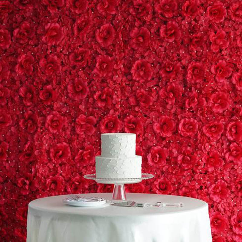 Red 3D Silk Rose and Hydrangea Flower Wall Mat Backdrop - 4 Artificial Panels