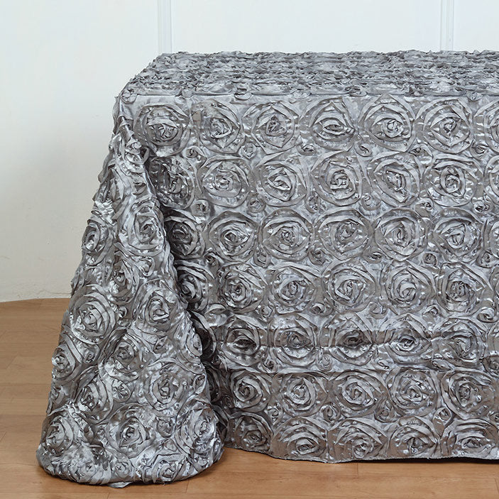 Grandiose 3D Rosette Rectangle Tablecloth Table Cover 90"x132" Silver Gray