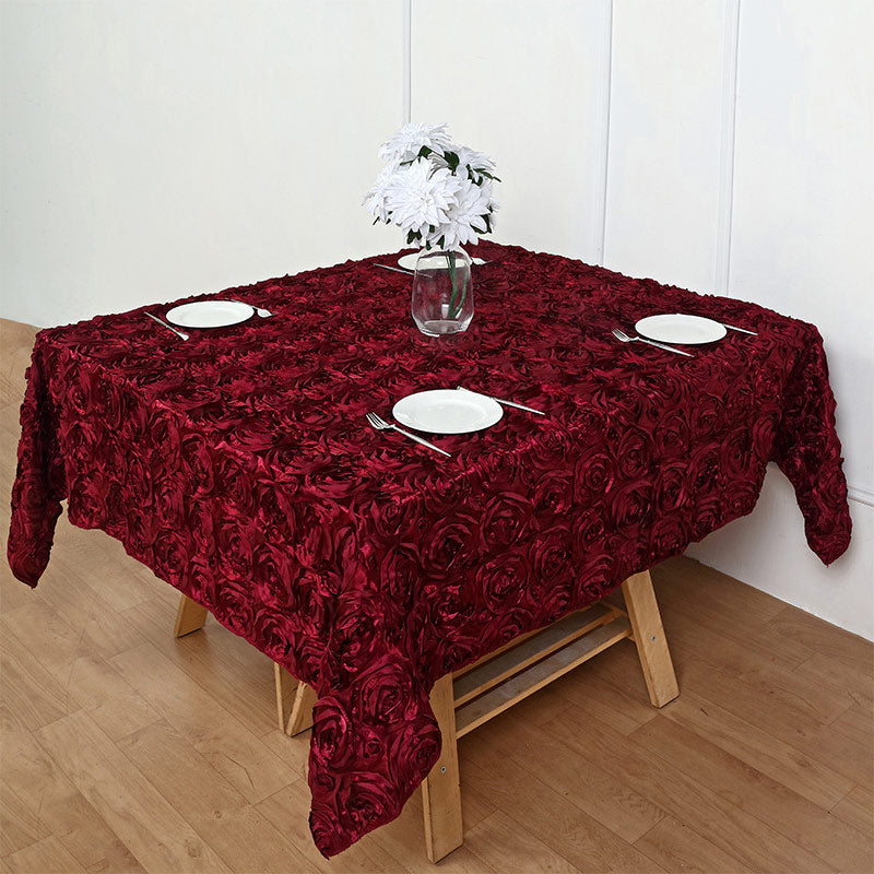 Grandiose 3D Rosette Square Tablecloth Table Cover 85"x85" Burgundy