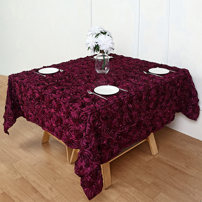 Grandiose 3D Rosette Square Tablecloth Table Cover 85"x85" Wine Purple