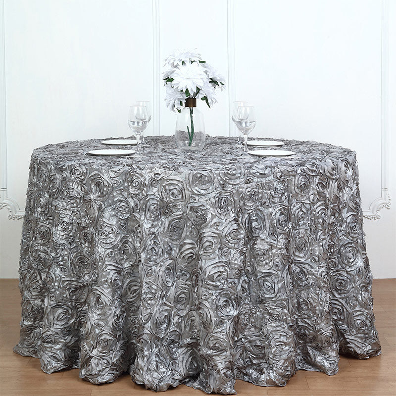 Grandiose 3D Rosette Round Tablecloth Table Cover 120" Silver Gray