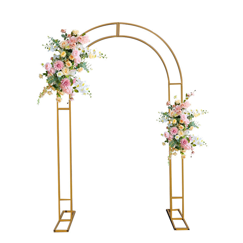 Gold Metal Round Top Double Arch Wedding Backdrop Stand, Flower Balloon Frame Ceremony Arbor 7.87ft Tall