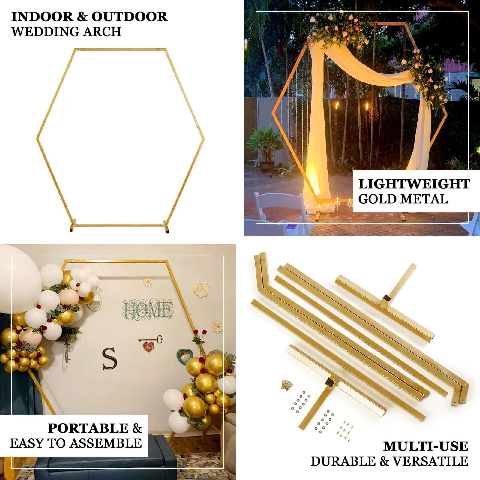 Heavy Duty Gold Metal Hexagonal Wedding Arch Photo Backdrop Stand 7.87ft