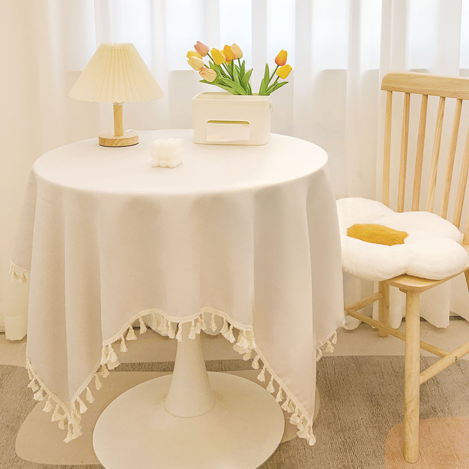 Bohemian Style Cotton and Linen Tassel Tablecloth Beige