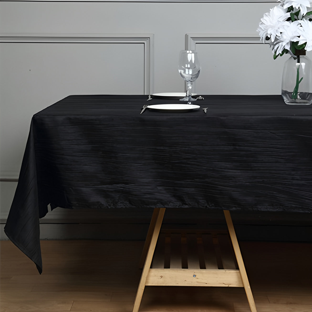 Rectangular Crinkle Polyester Tablecloth Black
