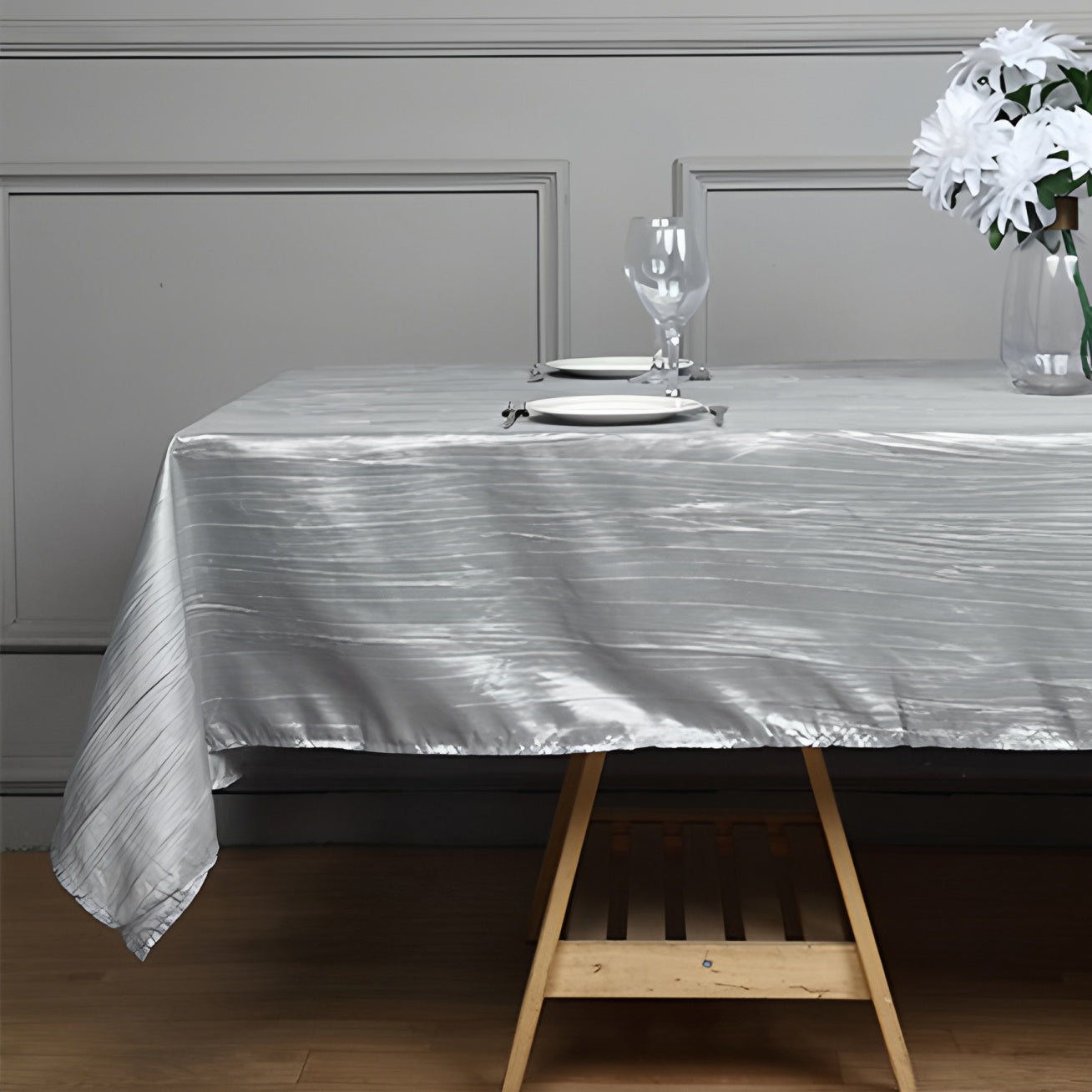 Rectangular Crinkle Polyester Tablecloth Silver