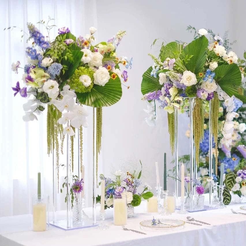 Acrylic Flower Vase Pillar Stand Clear with Square Mirror Base