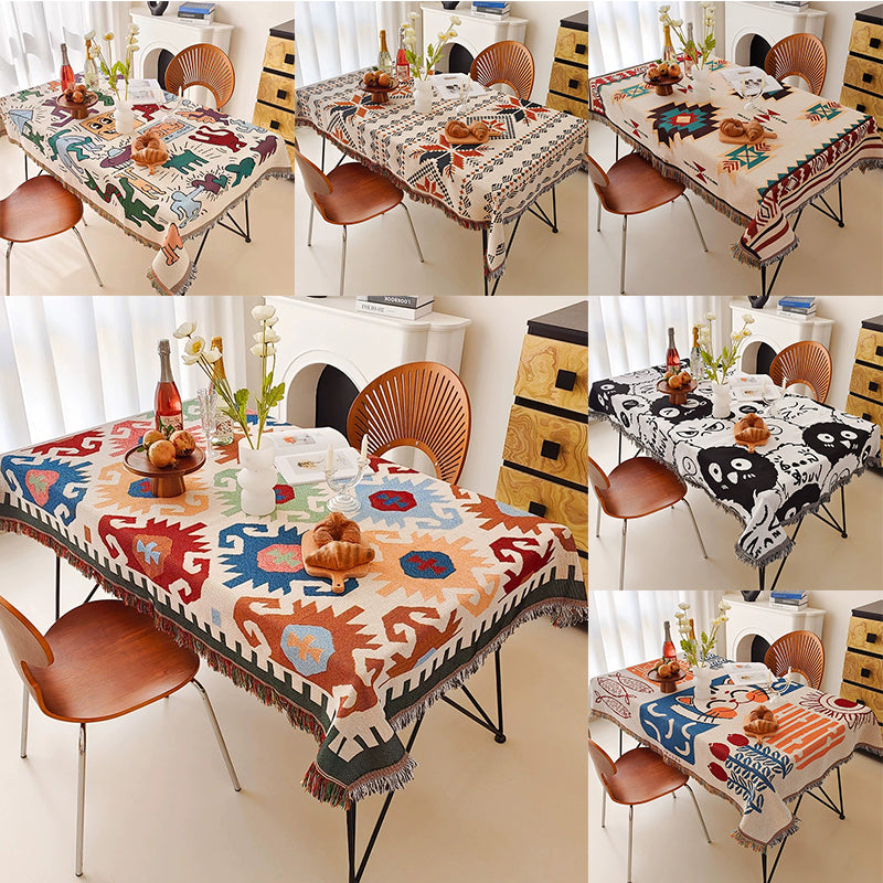 American Country Cotton Fringed Dining Tablecloth, Camping Picnic Mat, Outdoor Living Room Multi-Function Available