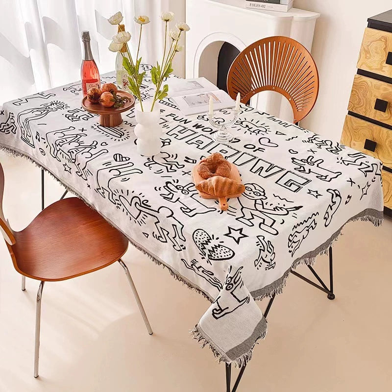 American Country Cotton Fringed Dining Tablecloth, Camping Picnic Mat, Outdoor Living Room Multi-Function Available