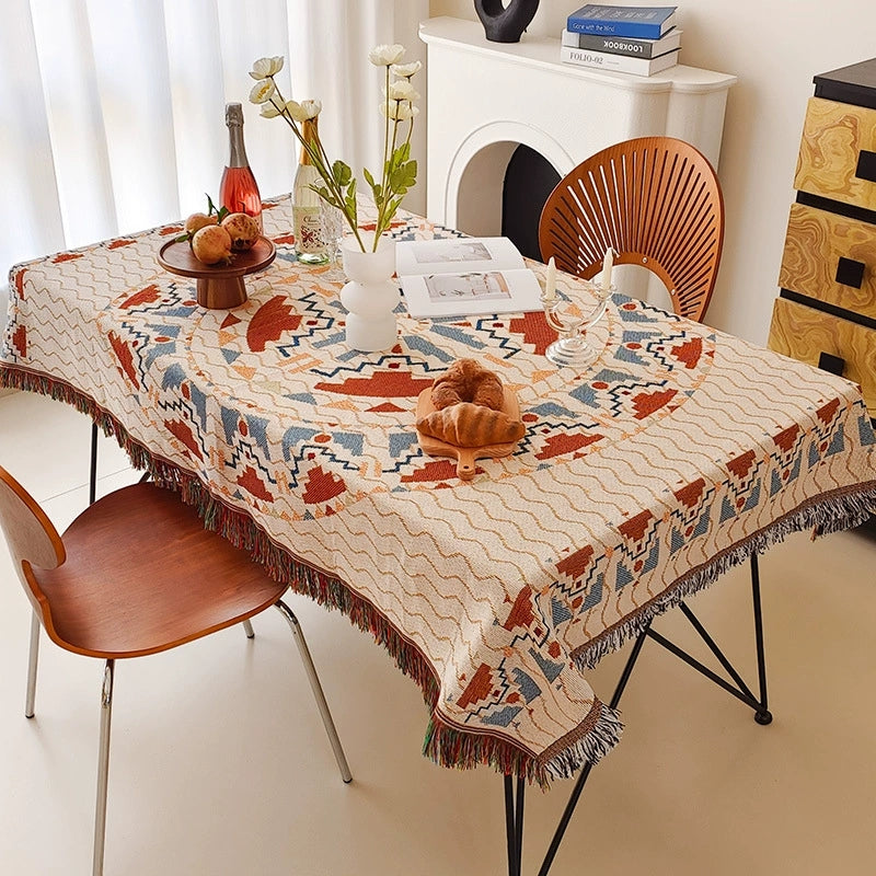 American Country Cotton Fringed Dining Tablecloth, Camping Picnic Mat, Outdoor Living Room Multi-Function Available