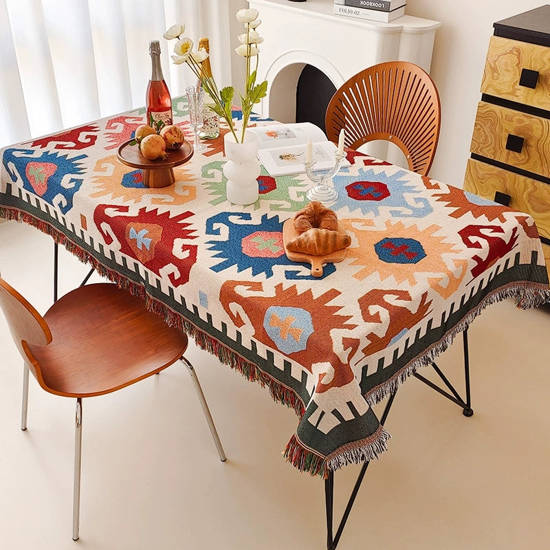 American Country Cotton Fringed Dining Tablecloth, Camping Picnic Mat, Outdoor Living Room Multi-Function Available