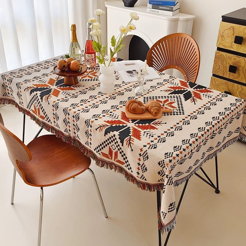 American Country Cotton Fringed Dining Tablecloth, Camping Picnic Mat, Outdoor Living Room Multi-Function Available