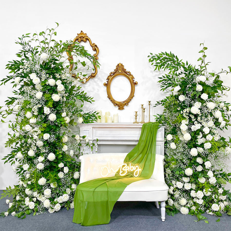 2 Sets Of Artificial Plants And Flowers Wedding Backdrop Decoration Chrysanthemum Gypsophila Green White
