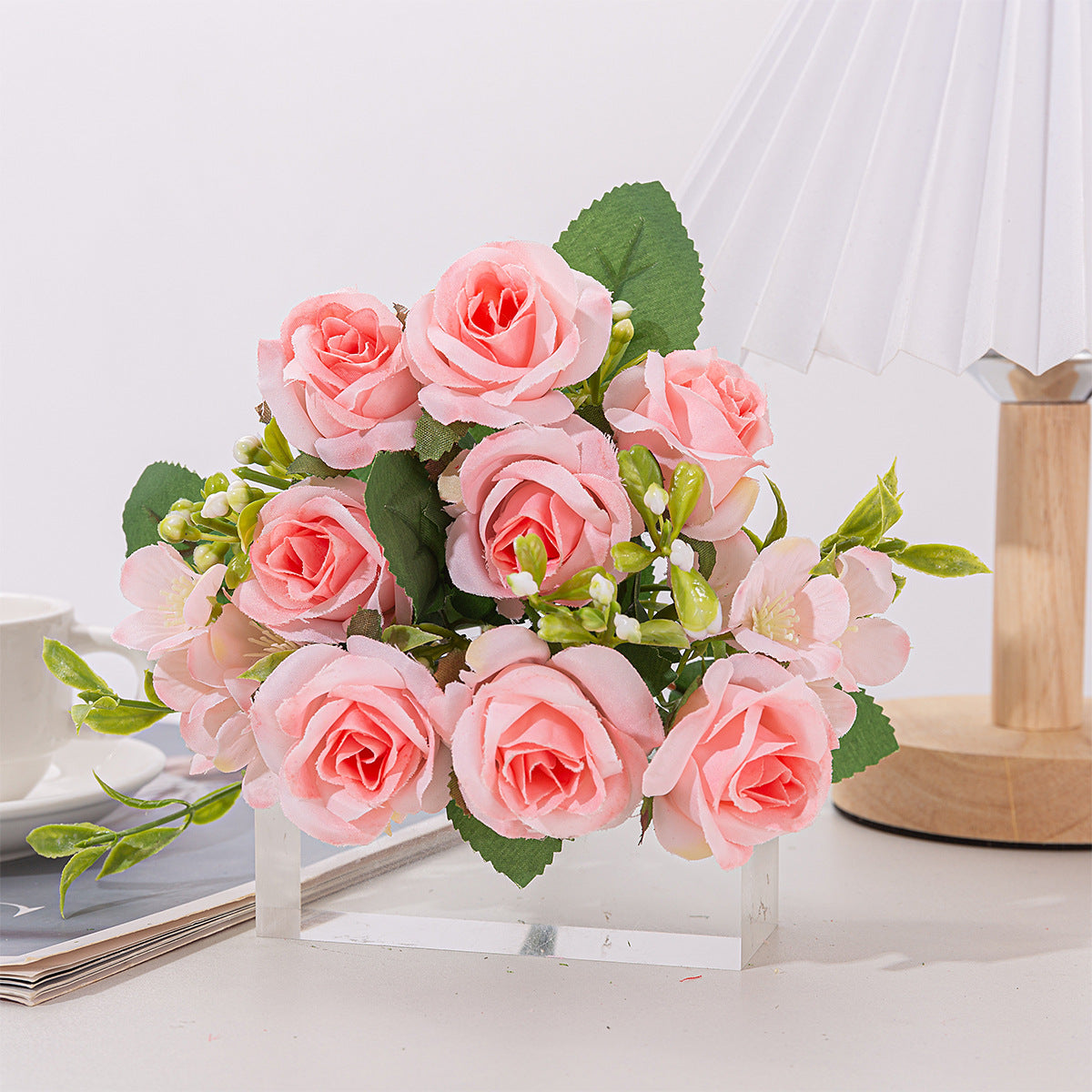 4 Bushes 12" Roses Artificial Silk Flowers Pink