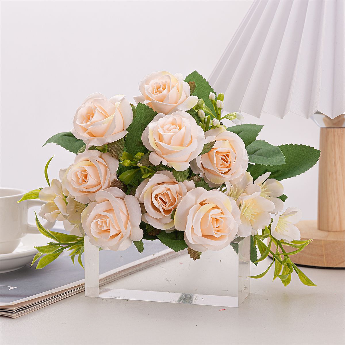 4 Bushes 12" Roses Artificial Silk Flowers Champagne