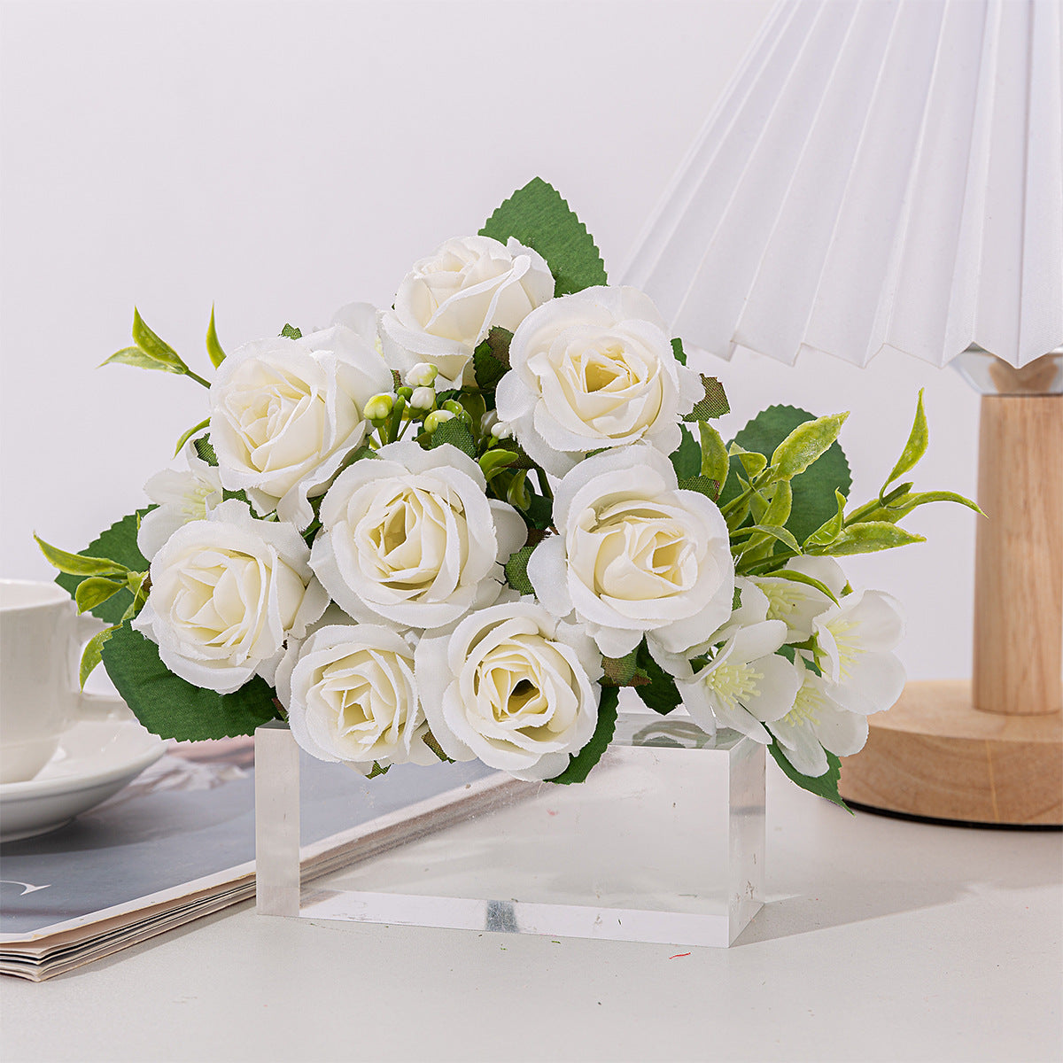 4 Bushes 12" Roses Artificial Silk Flowers White