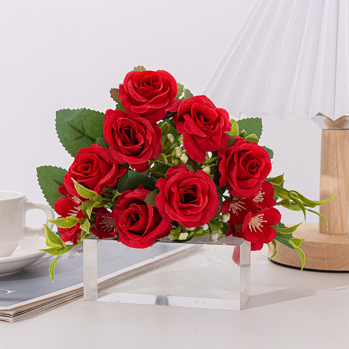 4 Bushes 12" Roses Artificial Silk Flowers Red