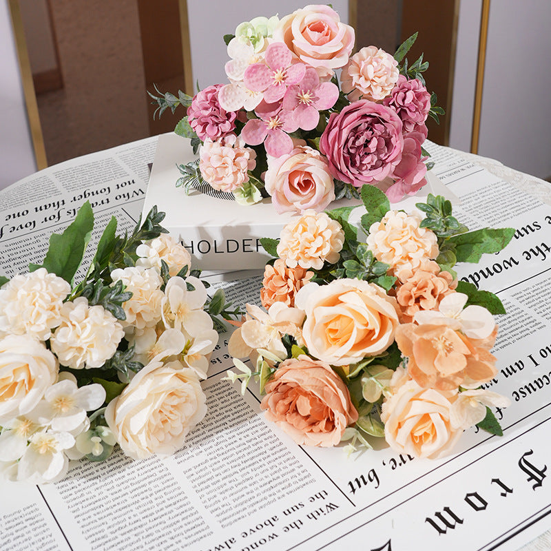 2 Pcs Silk Rose Bouquets Mixed Peony & Hydrangea 12" Champagne
