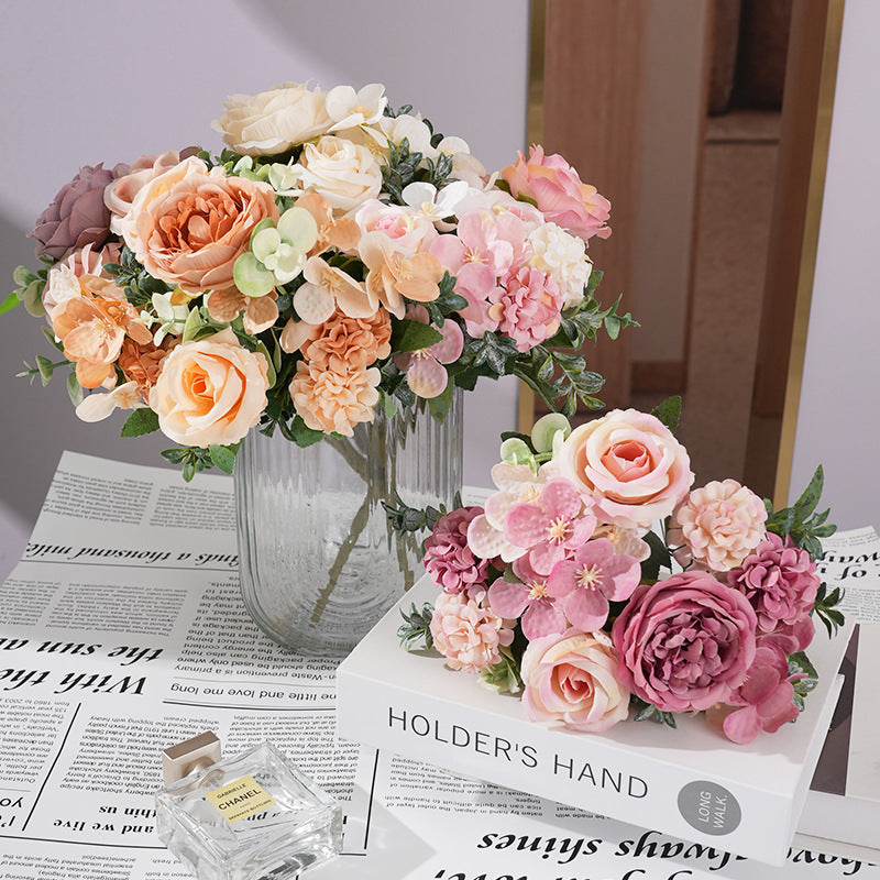 2 Pcs Silk Rose Bouquets Mixed Peony & Hydrangea 12" Champagne