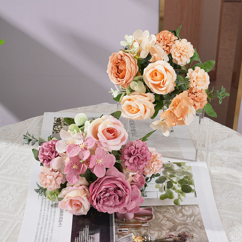 2 Pcs Silk Rose Bouquets Mixed Peony & Hydrangea 12" Champagne