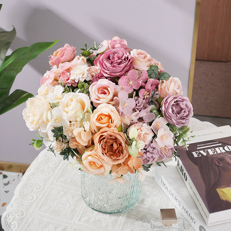 2 Pcs Silk Rose Bouquets Mixed Peony & Hydrangea 12" Champagne