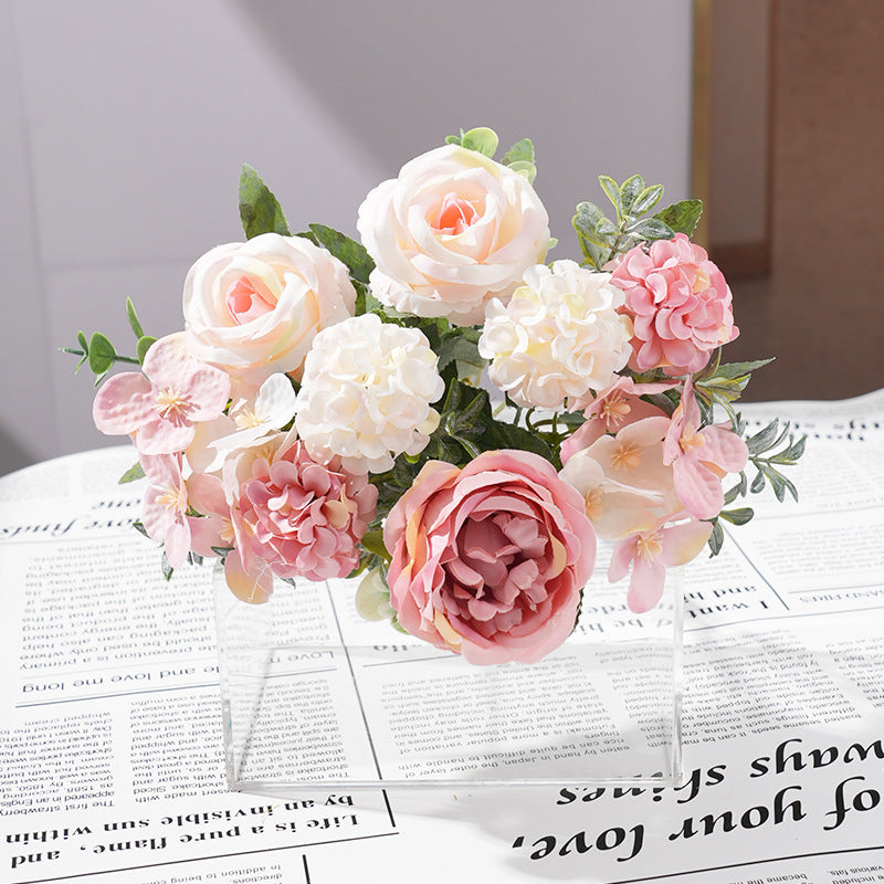 2 Bushes Mixed Faux Hydrangea Rose Flowers Bouquet Light Pink
