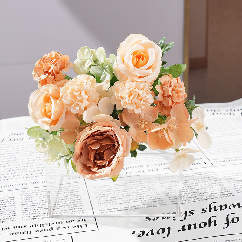 2 Bushes Mixed Faux Hydrangea Rose Flowers Bouquet Yellow