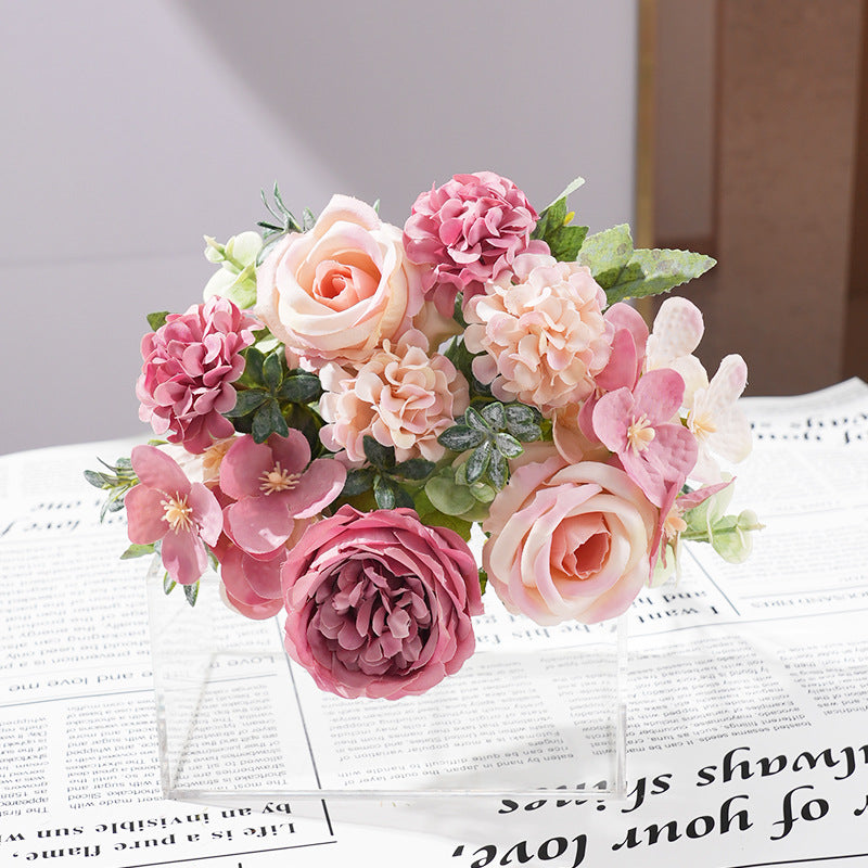 2 Bushes Mixed Faux Hydrangea Rose Flowers Bouquet Champagne with Sand Red