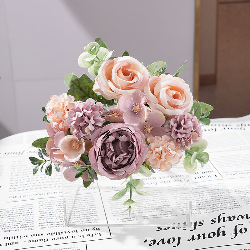 2 Bushes Mixed Faux Hydrangea Rose Flowers Bouquet Champagne with Purple