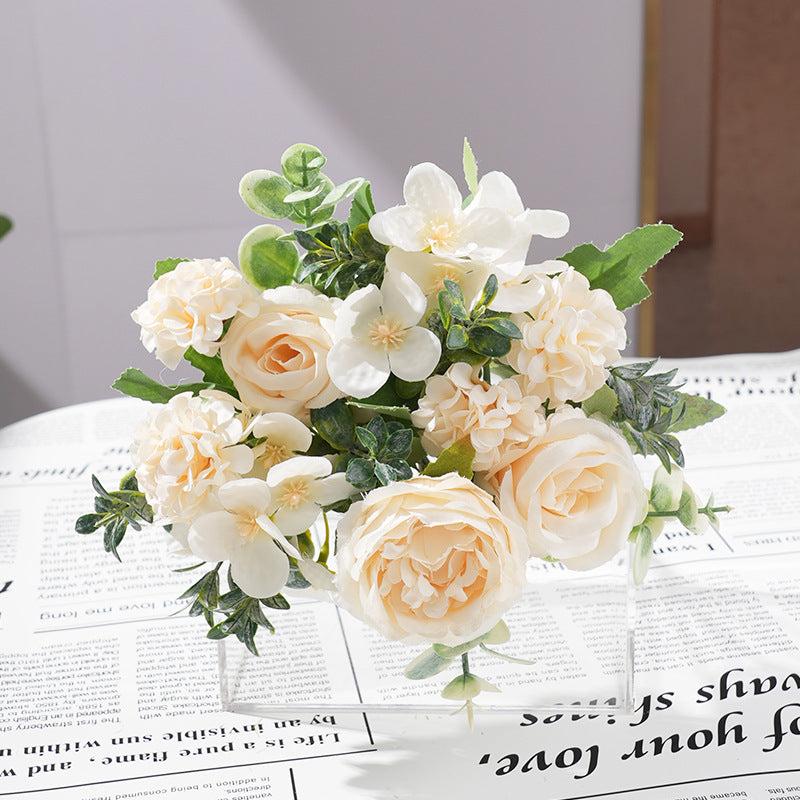 2 Bushes Mixed Faux Hydrangea Rose Flowers Bouquet Champagne