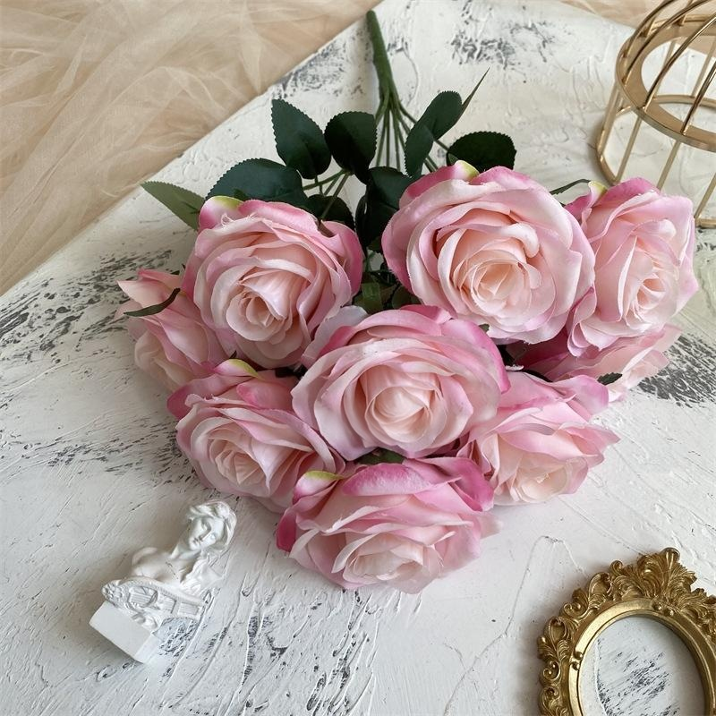 2 Bushes 18" Roses Artificial Silk Flowers Pink Edge