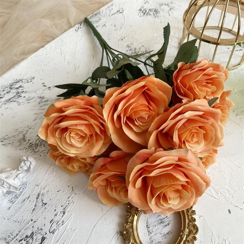 2 Bushes 18" Roses Artificial Silk Flowers Dark Orange