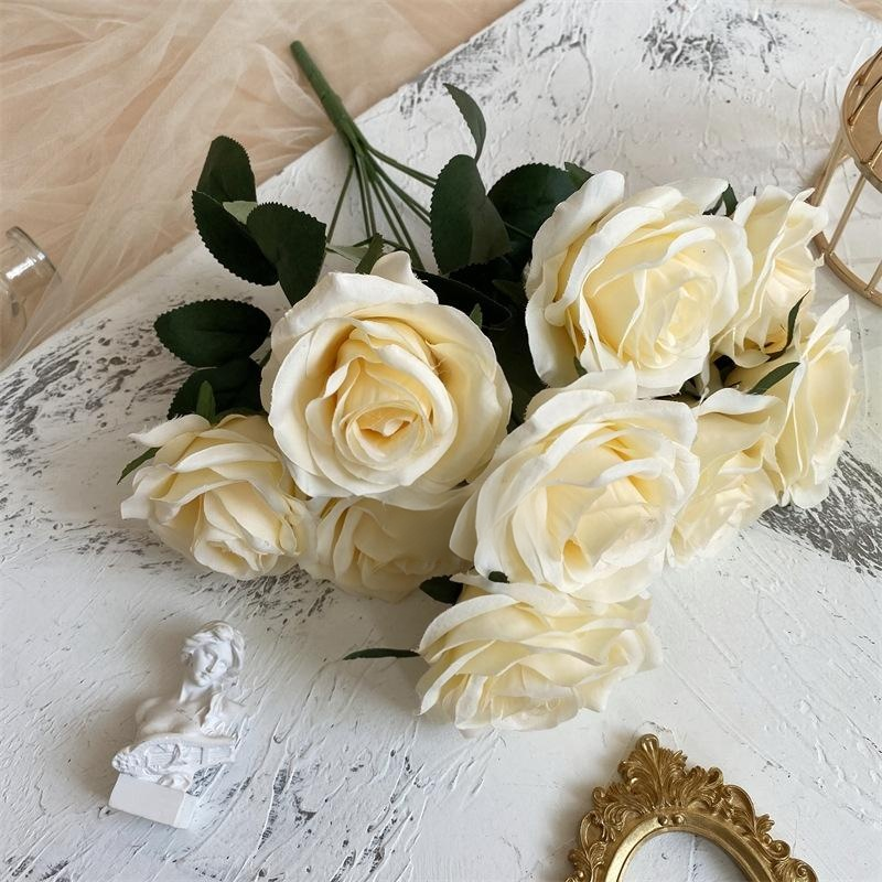 2 Bushes 18" Roses Artificial Silk Flowers Champagne