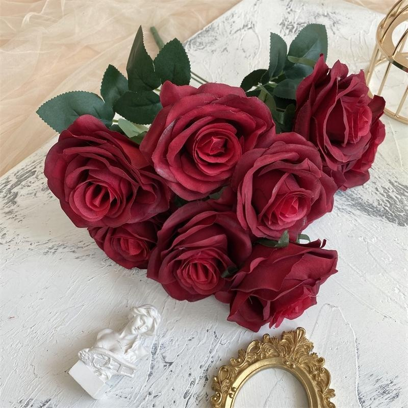 2 Bushes 18" Roses Artificial Silk Flowers Dark Red