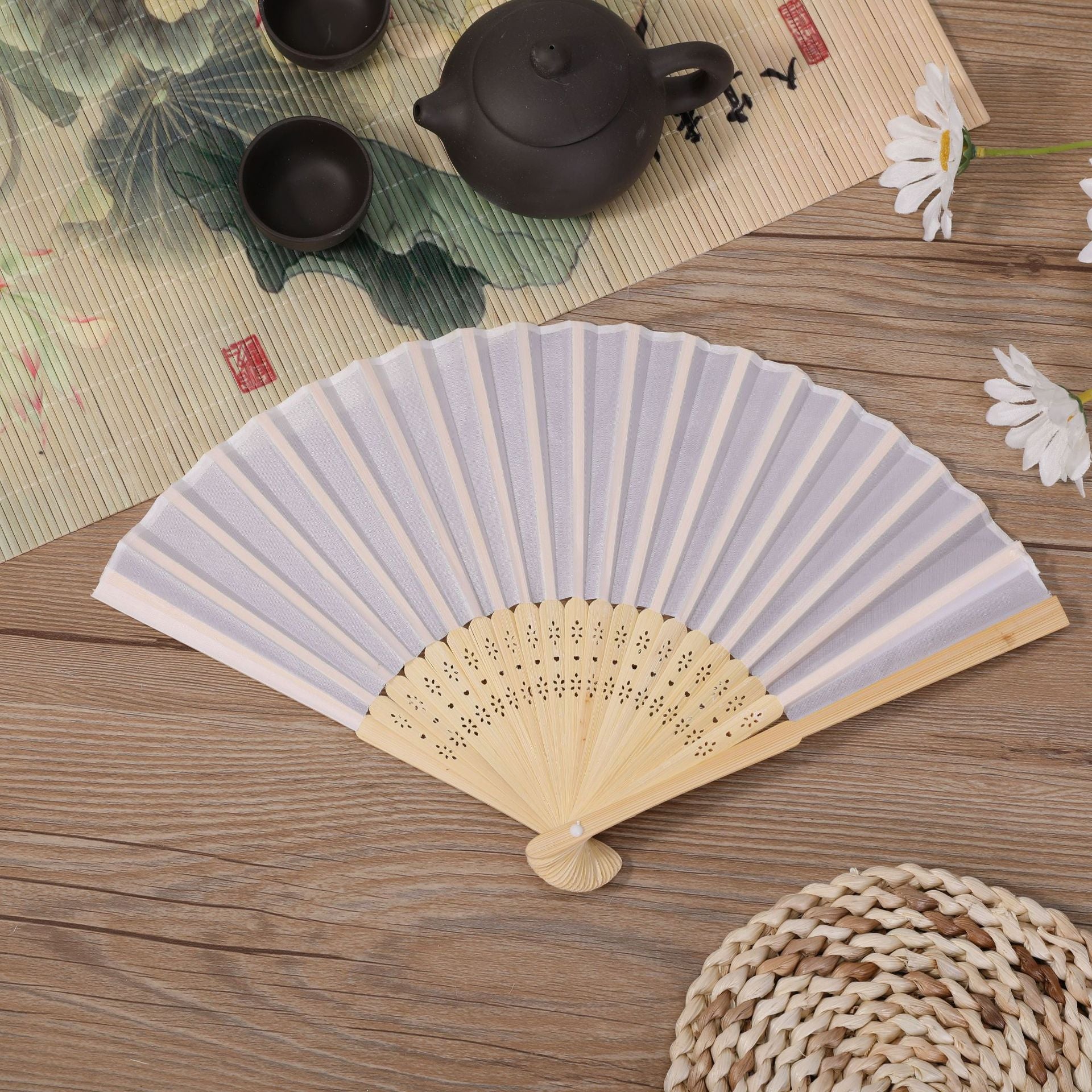5 PCS Hand Fans for Women Foldable Handheld Portable Chinese Style White
