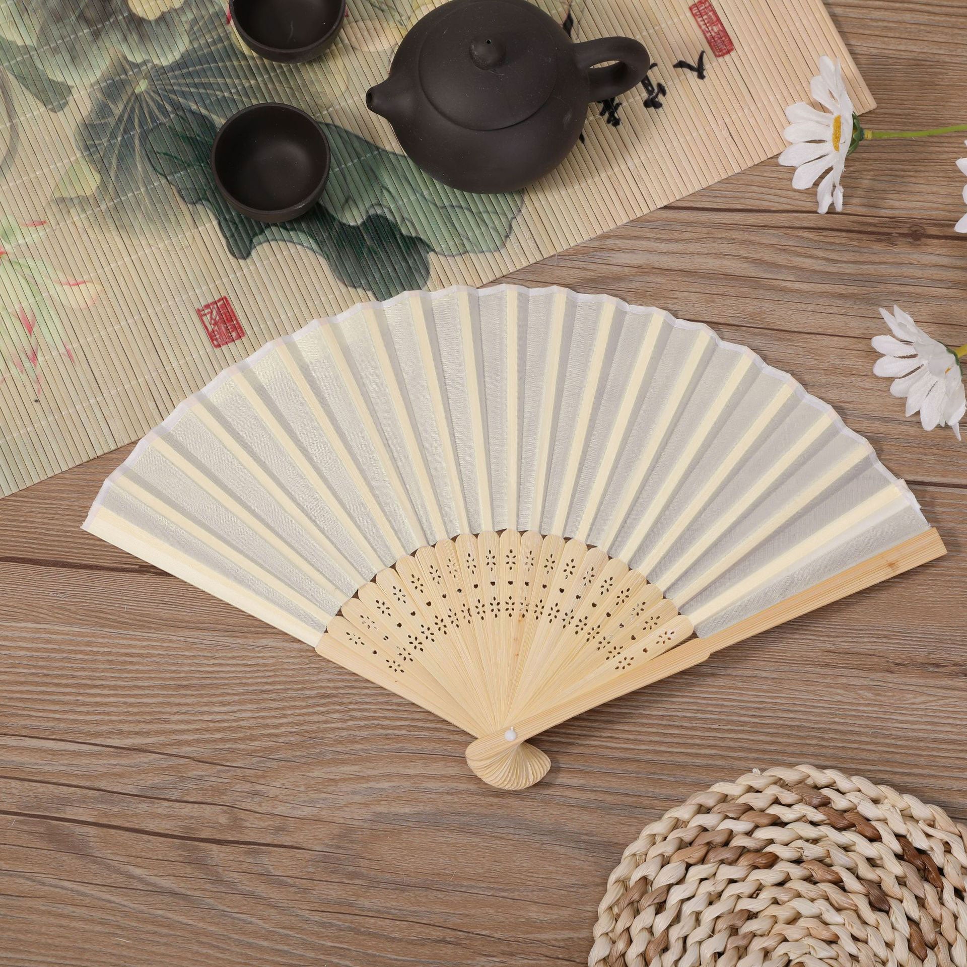 5 PCS Hand Fans for Women Foldable Handheld Portable Chinese Style Beige