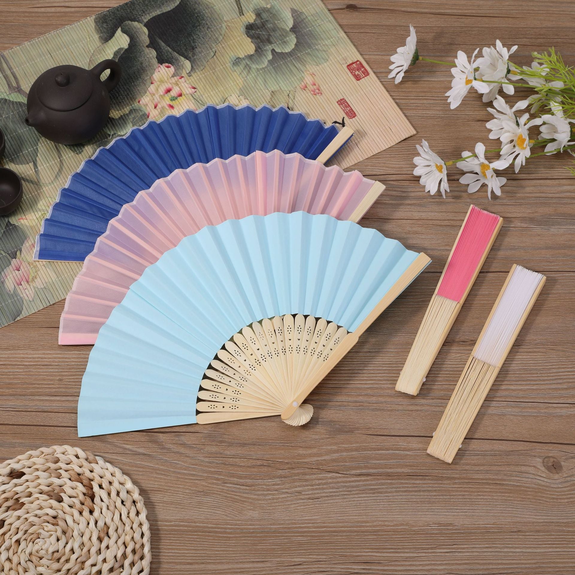 5 Pc Asian Silk Folding Fans Party Favors Beige