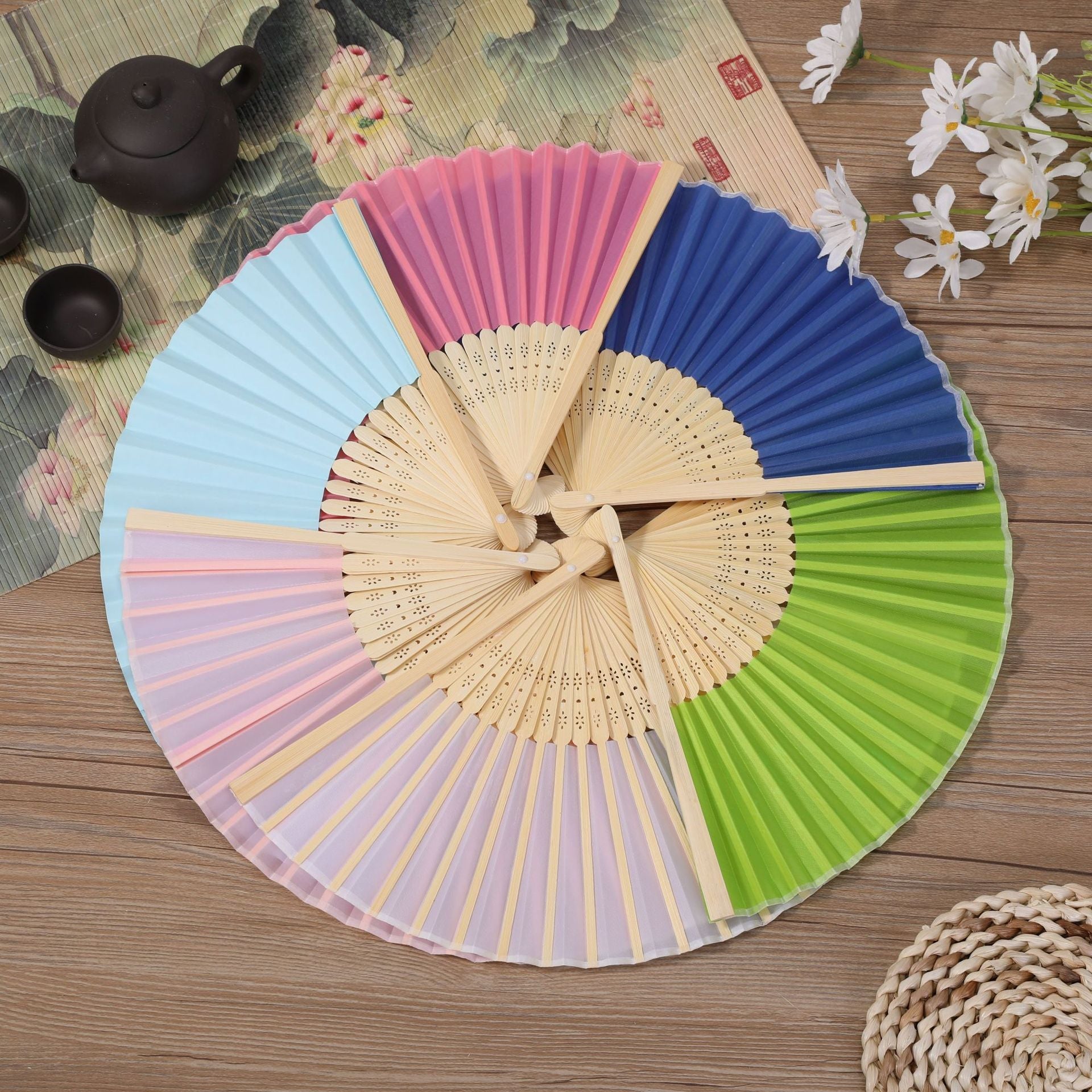 5 Pc Asian Silk Folding Fans Party Favors Beige
