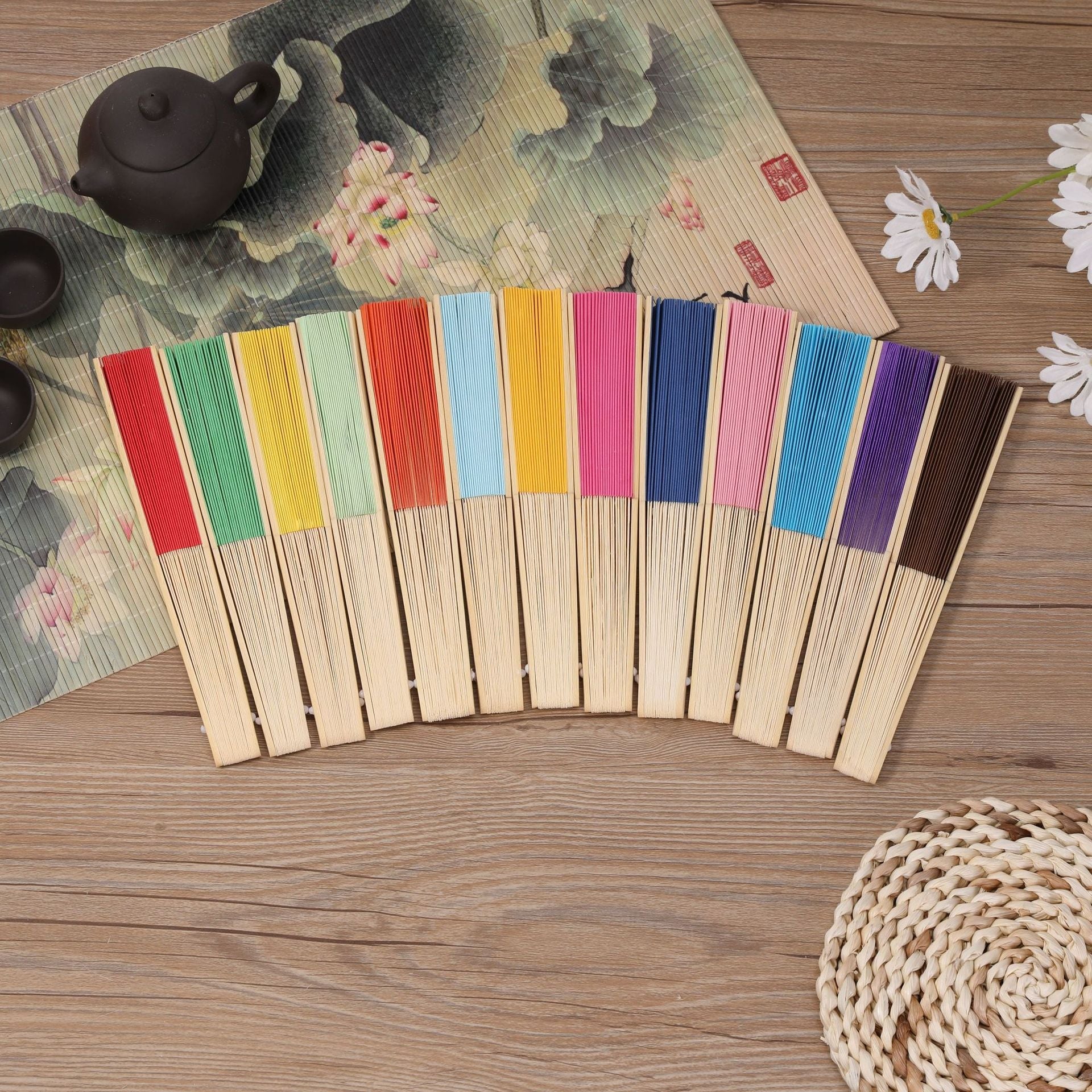 5 Pc Asian Silk Folding Fans Party Favors Beige